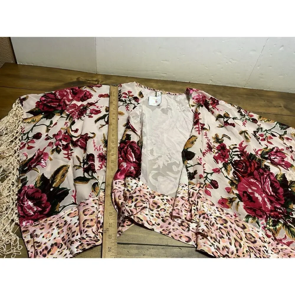 Aratta Silent Journey Women's Sheer Floral Kimono Shawl with Fringe One Size